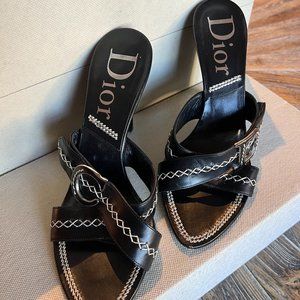Vintage Dior Black Leather Pointed Wedges With White Cross Stitching & CD Logo